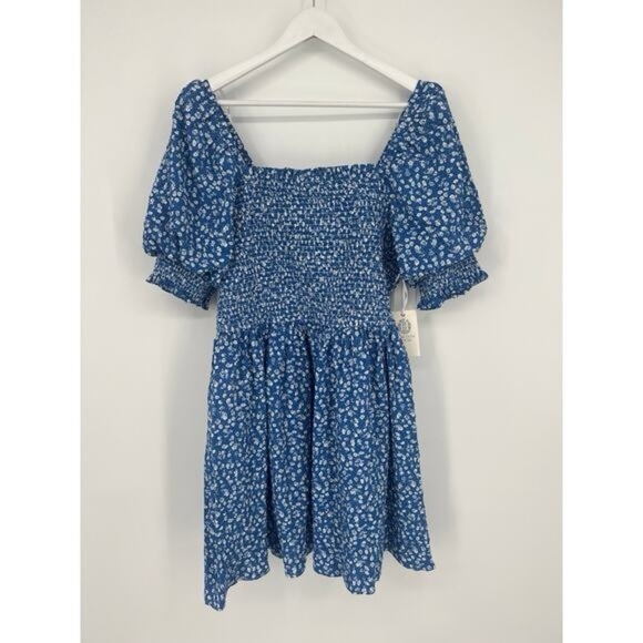 Hyacinth House Pai Mini Dress XL NWT Blue Ditsy Floral Cotton Smocked Puff Sleev - Picture 5 of 12